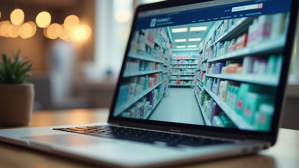 Eye-level view of a laptop screen showing an online pharmacy website