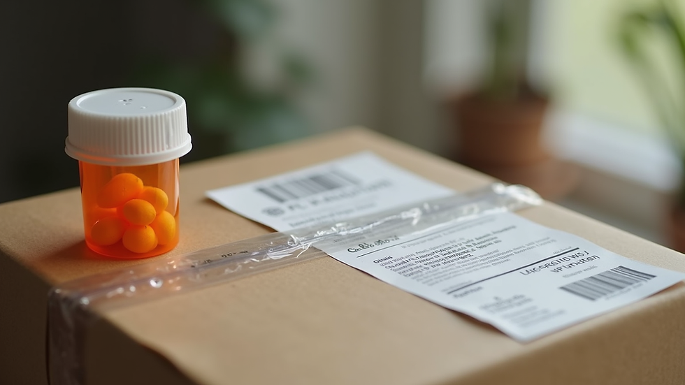Close-up view of a delivery package with prescription medication