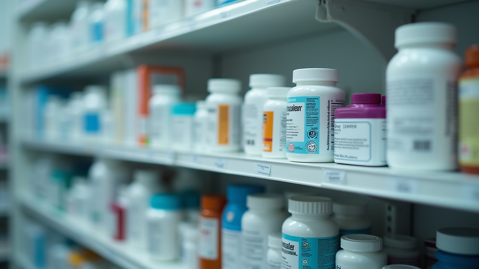 Eye-level view of a pharmacy shelf with various medicines