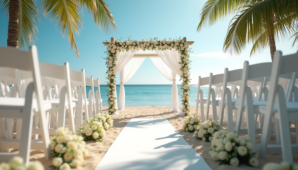 Beach wedding set up with white chairs