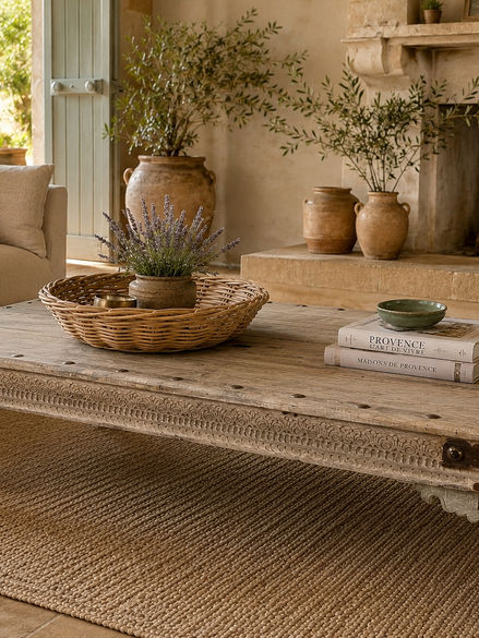 Table basse en teck, réalisée à partir d'un ancien banc indien traditionnel.