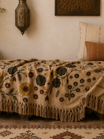 Ce plaid est tissé dans un coton recyclé et présente un imprimé floral aux couleurs chaudes.
Le dos est décoré de fines rayures tissées et des franges aux extrémités
