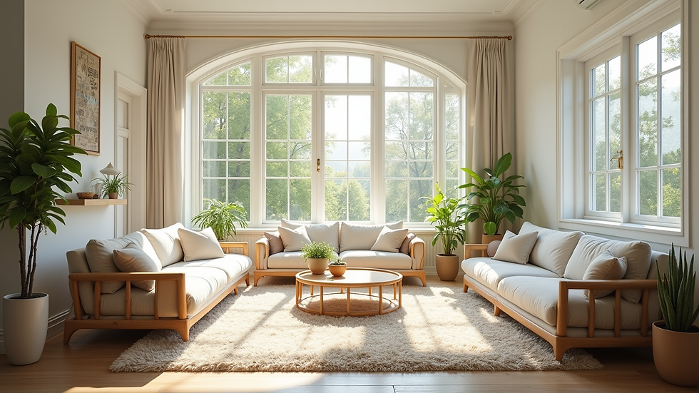 Wide angle view of a bright sunroom with large windows and cozy furniture