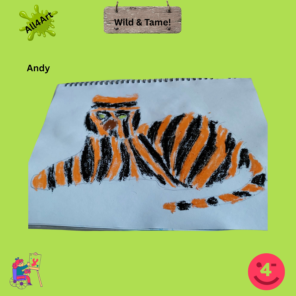 Green background with a picture placed centrally. White background with a large stripey vibrant orange and black tiger, forward facing with yellow eyes and red/brown nose, long tail curled in front of their body. Front paws extending to their right side.