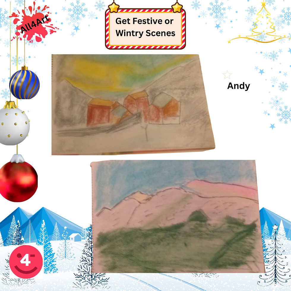 Blue and white wintry background with 2 wintry landscapes. Top is of small village in mountain snowy slopes, wintry sun in the sky. Bottom is snow capped mountains, lower ground green, blue sky.