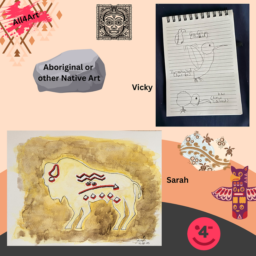 Earthy tone background; Top right - 3 bird outlines in black biro ; Bottom left - Bison outline infilled ple yellow with native American Indian symbols in black, red & white, background dark earth shade