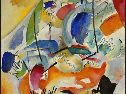 A colourful abstract painting giving the impression of 2 sailing ships with tall black masts in battle with tattered sails, bobbing in a sea of bright colours of orange, yellow, blue, red, black and some white. Approaching a yellow shore.