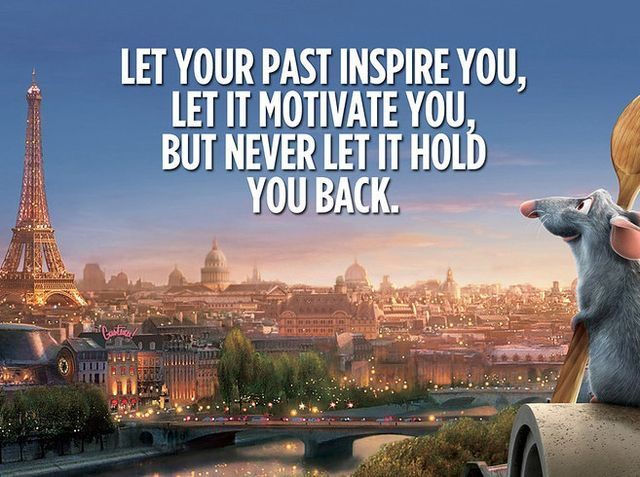 Left side grey cartoon rat sitting on a roof tile with a wooden spoon overlooking a city at dusk