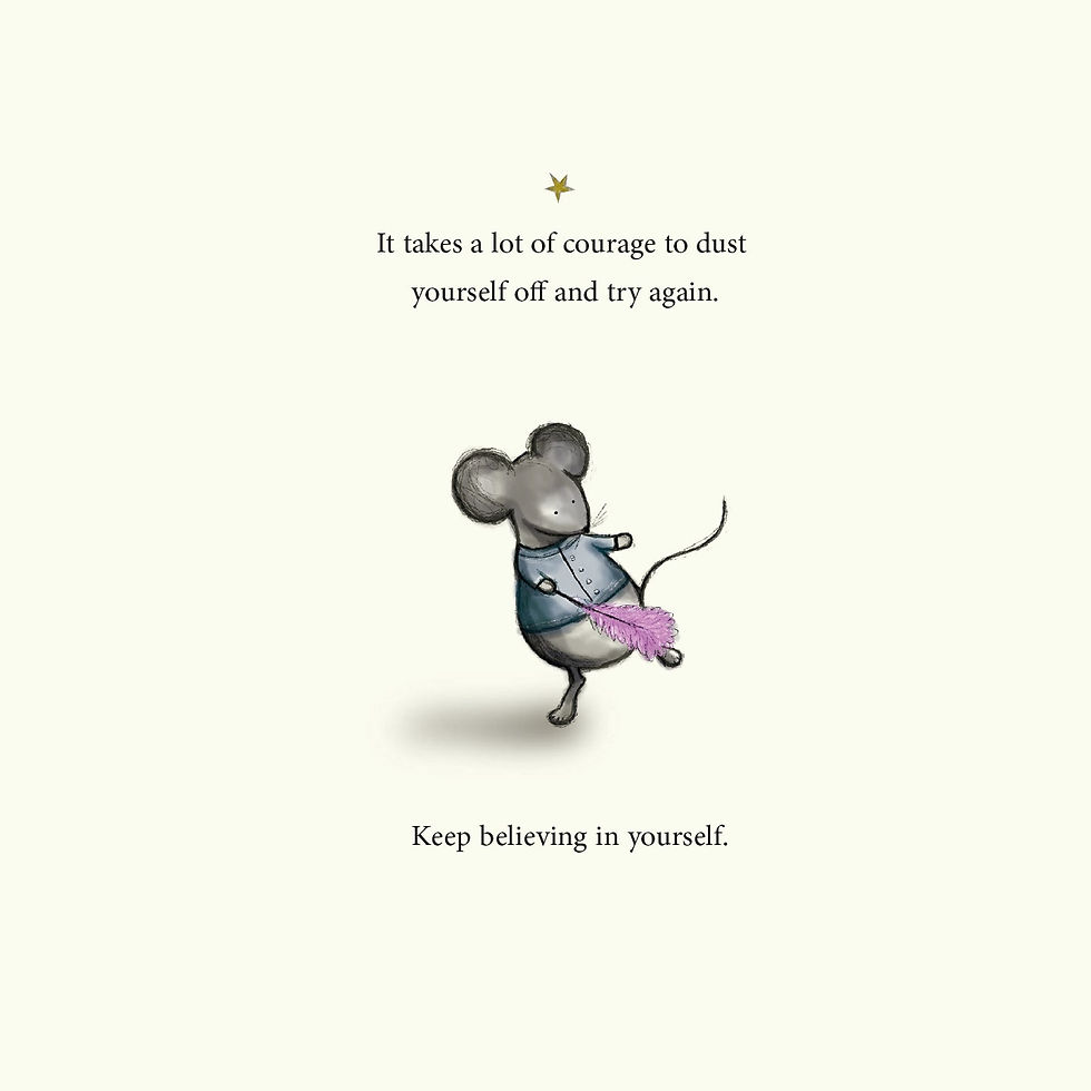 Cream background; Grey mouse wearing a blue jacket holding a small pink feather