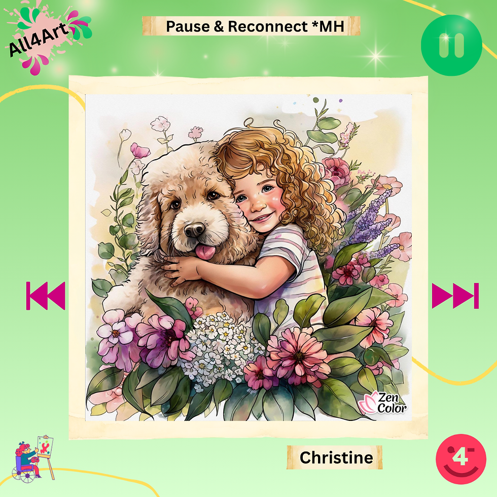 Green All4Art gallery image with yellow curves and pink arrows, featuring a child hugging a fluffy dog, surrounded by abundant pink, purple and white flowers and green leaves.
