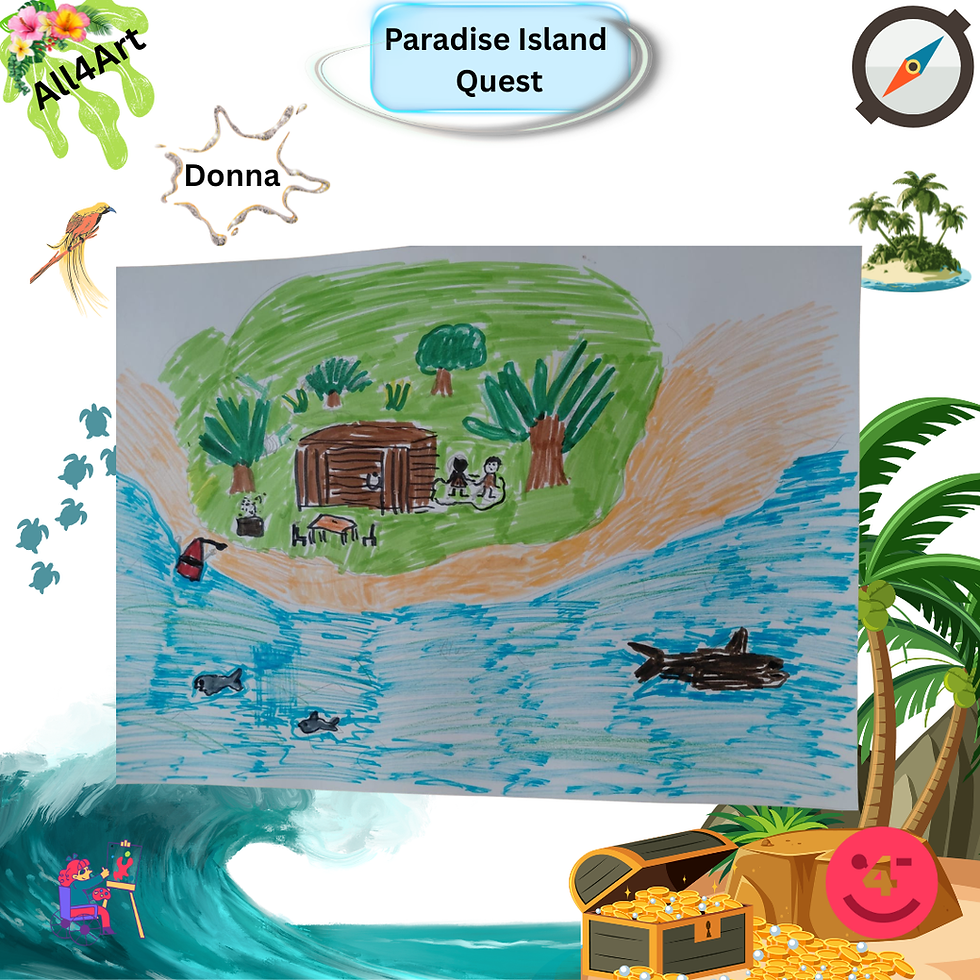 Mainly white background bottom is some blue waves and a treasure chest, gold coins next to a palm tree with green branches. Picture placed centrally blue sea at bottom with large and small fish swimming, black and grey. Island is central, green with large and small green leaf trees and brown trunks. Small wood cabin with 2 people drawn simple style to the right. To the front of the cabin is a BBQ and a set of outdoor dining table with 2 chairs. The beach with golden yellow sand surrounds the front of the green area of the island before the sea. On the sand there is a boat.