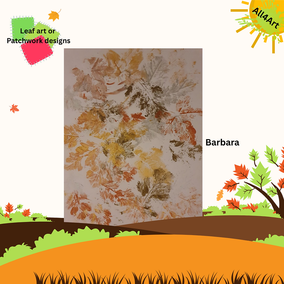 Mainly white background - Printed leaves in colours of dark green, copper, gold and silver