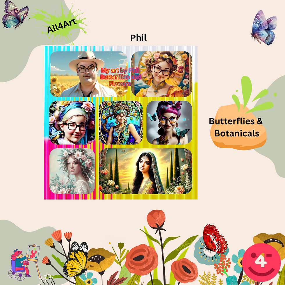 Neutral background with flowers to base. Top right; Large Orange and black butterfly with white dots top perimeter of wings with a pale green background. Digital art with 7 generated images of an individual showing flowers and butterflies, variety of colours and backgrounds