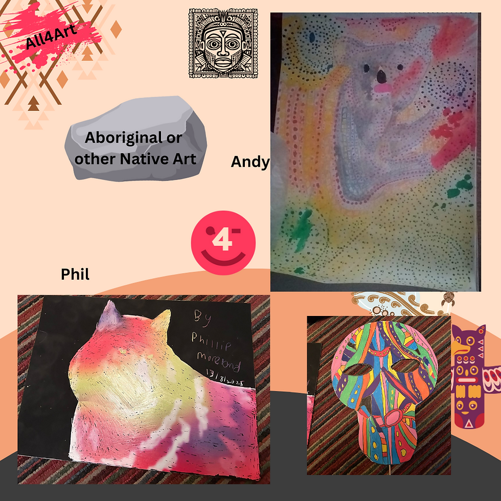 Earthy tone background; Top right - grey koala bear on a green dot art tree various other dot art surrounding and a watercolour sunset red, orange and yellow; Bottom left - Wolf in sunset colours scratched out, black background; Bottom right - Tribal mask, multicoloured and multi patterned