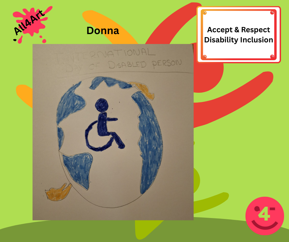 Mainly green background - Picture white background, image of the world drown centrally with light blue ocean indicated and a wheelchair disability symbol located in the middle of the globe. 2 hands are holding top and bottom of the world