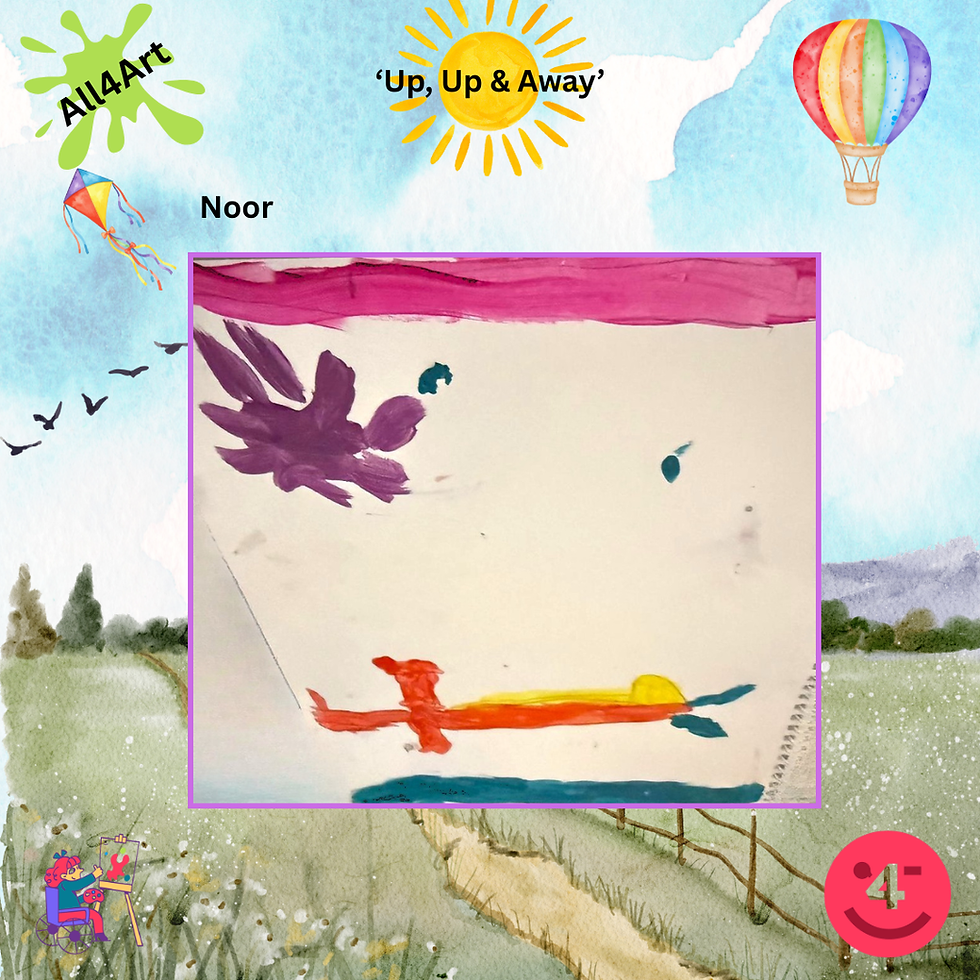 A sky-themed background with a hot air balloon top right, sunshine centre, birds and countryside illustrations, bottom. Artwork displayed centrally, an orange and yellow aeroplane, with a little blue, flying above the sea in a sunset sky. The sun is purple the the sky is pink.