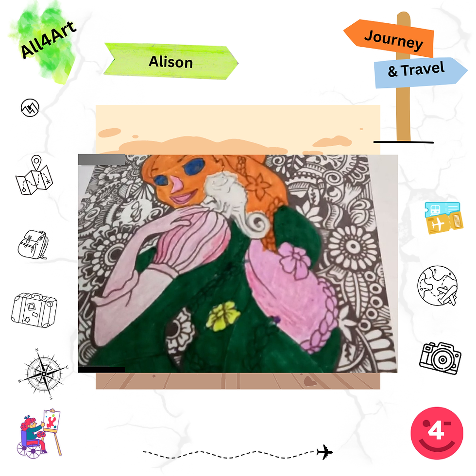 Mainly white background, picture placed centrally. Disney princess, with light brown face and hair, pink nose, blue eyes. Dark green ball gown, pink hood, sleeves and gloves with  a yellow flower on her cloak.