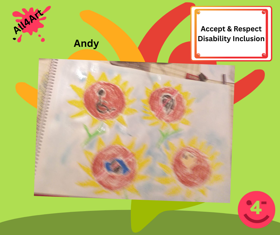 Mainly green background - Picture is centrally placed on a mainly light blue background, 4 large yellow sunflowers painted with brown centres and 4 different disability symbols in their centres