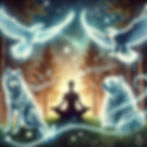 Nigh time forest background with a silhouette of a human sat in lotus position central and translucent images of a wolf, bear, butterfly and eagle around with swirling stars and mist