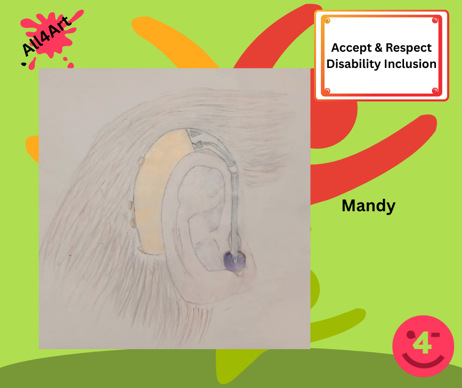 Mainly green background - Picture central on a white background, an ear lobe with a hearing aid, dark blue ear mould in the ear, wired ear hook over the ear lobe and the computer processor resting behind the ear. Brown hair brushed back