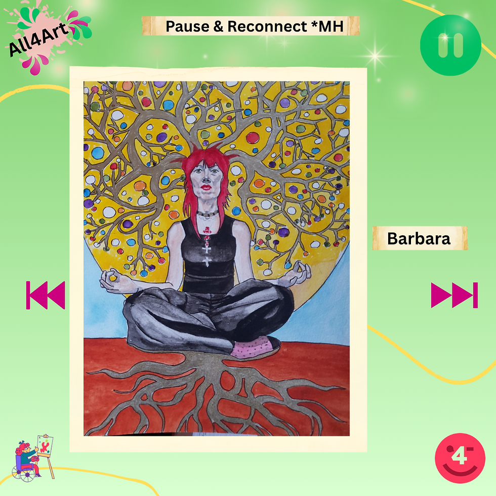 Green All4Art gallery image with yellow curves and pink arrows, featuring a red-haired figure seated cross-legged before a golden branching tree, with colourful circles above and large gold roots below.
