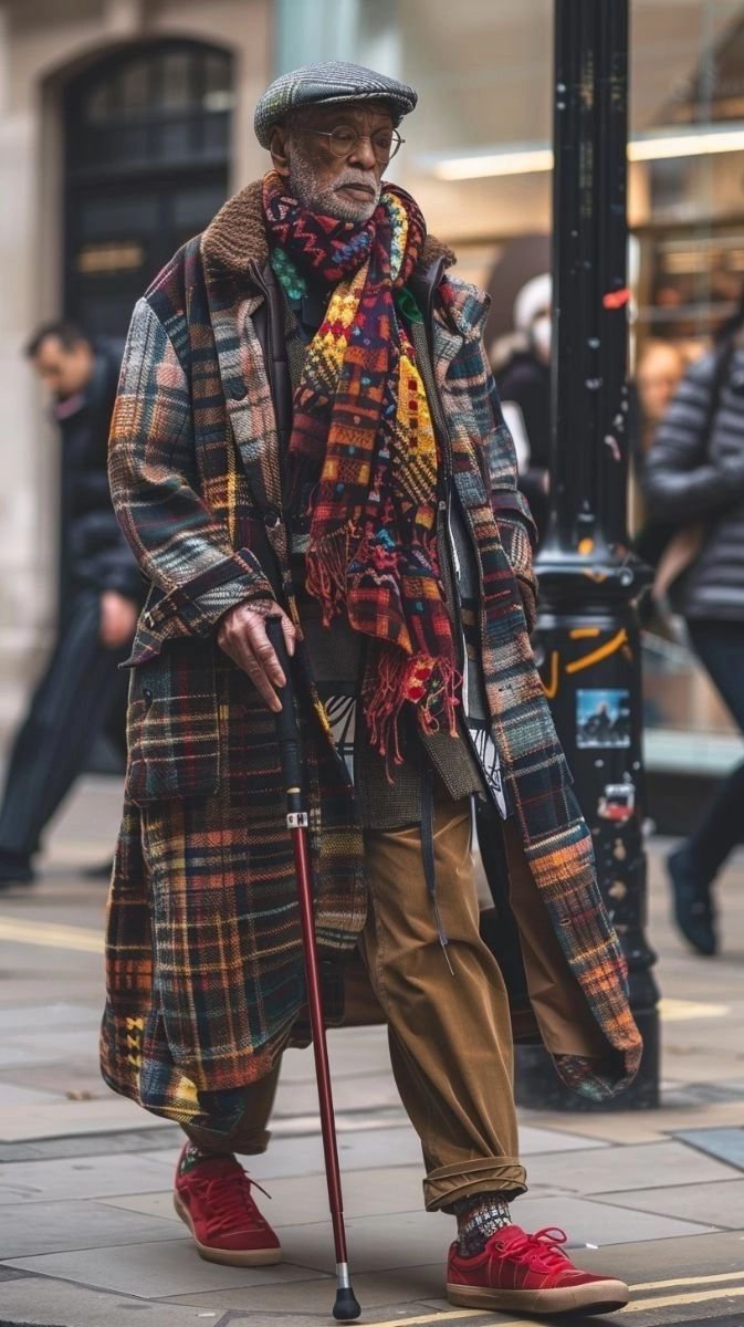 Bustling street with an older brown skinned gentleman with white trimmed beard, glasses, walking with a cane in right hand. Red shoes, brown checked socks, dark tan turn-up trousers, dark check jacket, long tartan coat with orange, white and blue and several colourful thick scarves a grey and green tartan flat cap with some white and yellow.