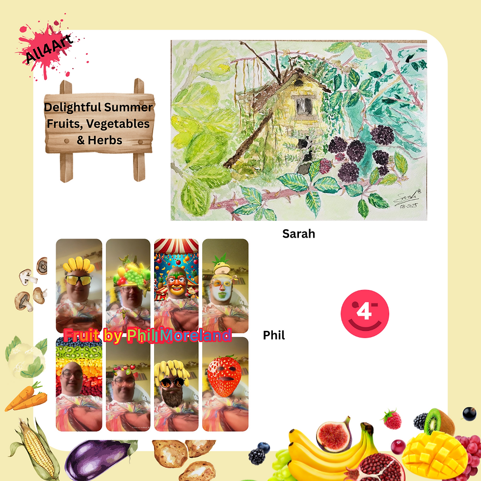 Cream and white background. Top right an abandoned stone cottage centrally, in the foreground thorny brambles are growing with large deep purple blackberries, to the left are some green hazelnuts ; Bottom left is a snapchat phot compilation of a man wearing different summer fruit in a variety of ways
