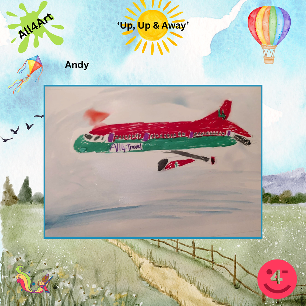 A sky-themed background with a hot air balloon top right, sunshine centre, birds and countryside illustrations, bottom. Artwork displayed centrally. A colourful drawing of a large passenger aeroplane flying through the sky. The aircraft is coloured red and green with purple windows, the words "All4Travel" on the side, and a green number 4 on the tail fin. A soft blue sky surrounds the plane, with a few simple marks suggesting clouds or movement.