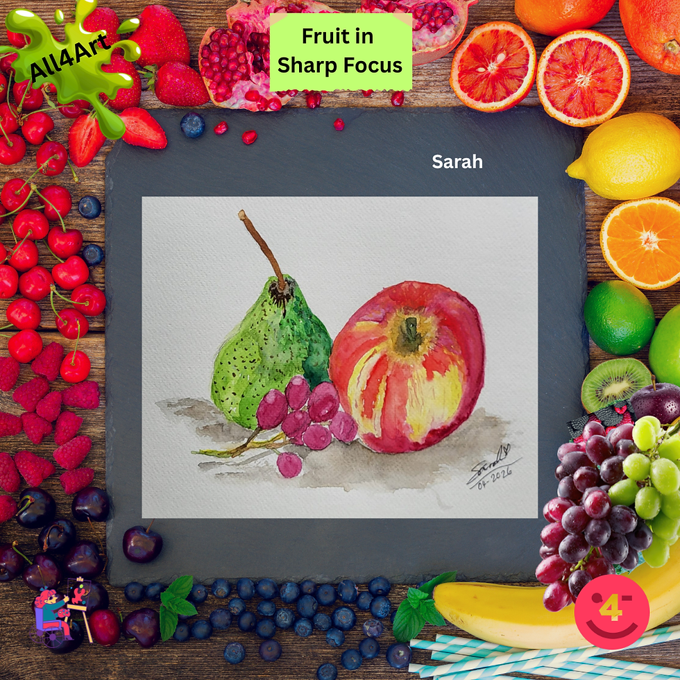 Fruit covered background with a mid section slate and a picture centrally placed. Pear is green various shades, some yellow with brown dots and long brown stalk on the top; Red apple, various shades, with some yellow patches, various shades and stripes. Centre top small brown stalk apple is a sandy brown in this area. Foreground large red/purple grapes, various shades, on their stalks - bunch form. Light grey/brown shadow cast around fruit bases.