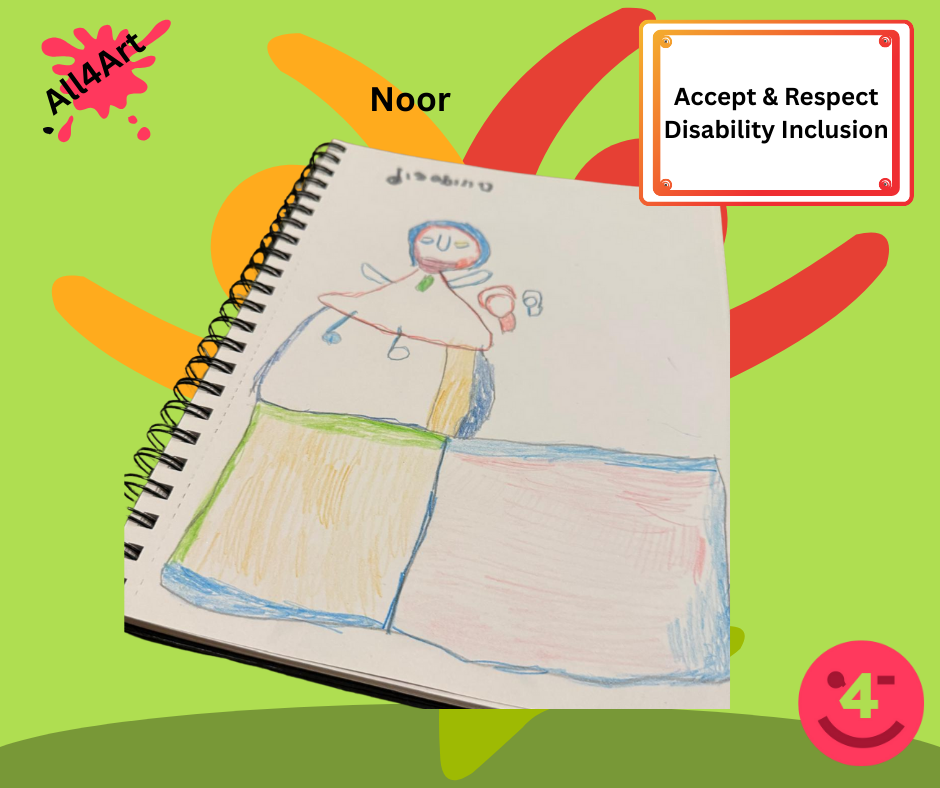 Mainly green background - Picture centrally with a white background, outline drawing of a lady sat in a powered wheelchair accessing a path. Muted coloured pavement yellow and red. blue and green outline