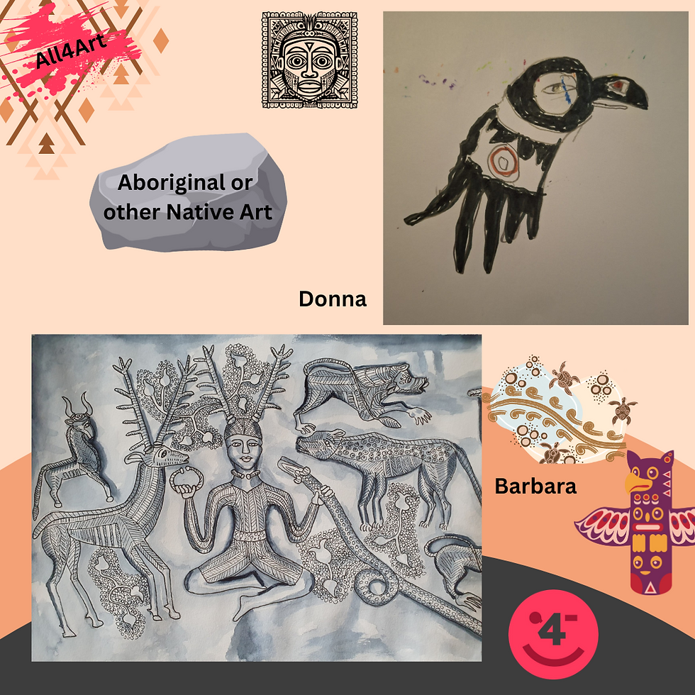 Earthy toned background. Top right is an American Eagle symbol in black, red & white; Bottom left, grey silver tones celtic characters, man sitting cross legged holding a snake, by a stag, goat, wild dog, all etched line detail