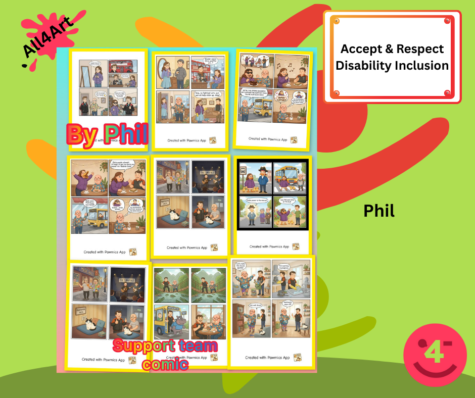 Mainly green background - Picture located centrally, a colourful cartoon strip comic featuring a character and his support team