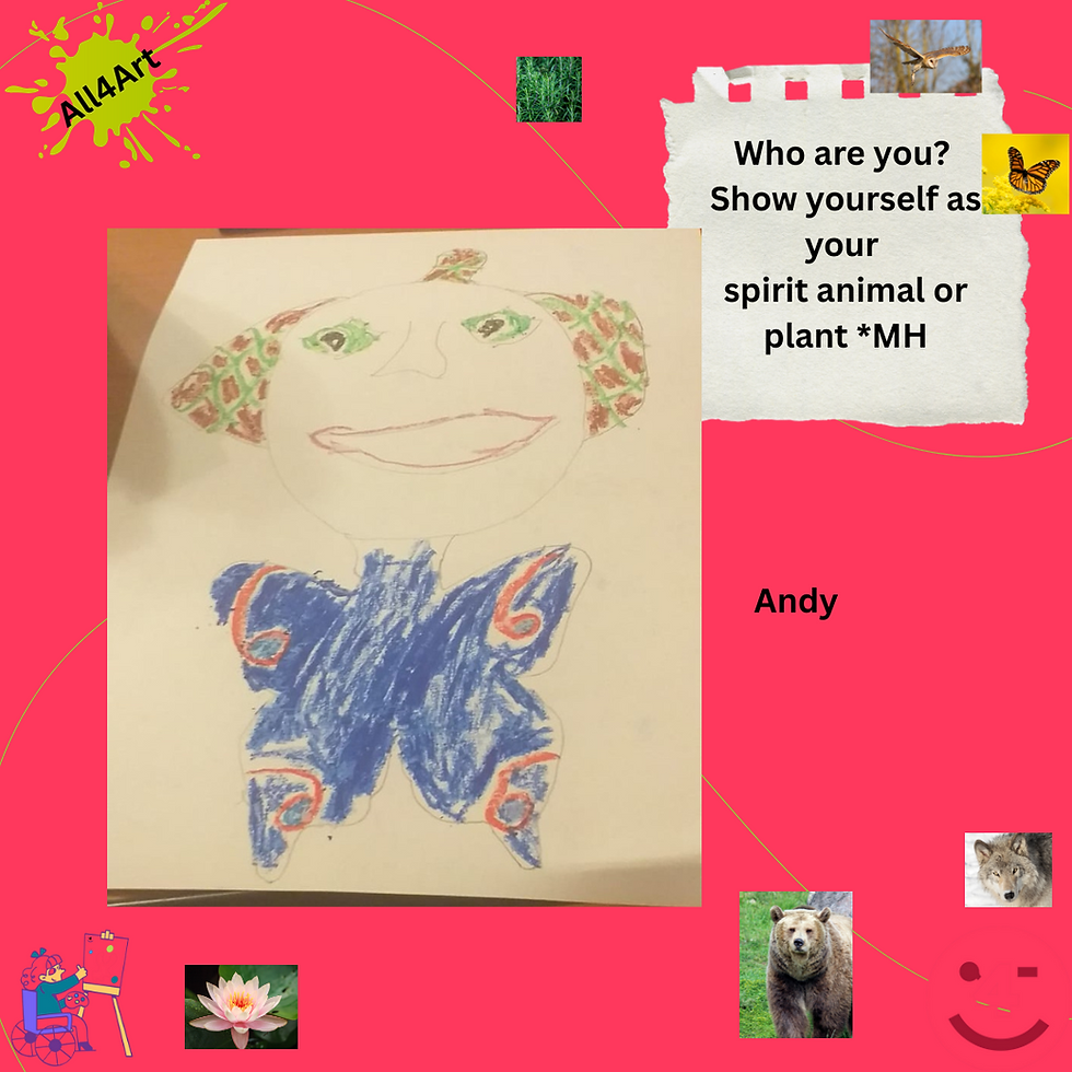 Red background; Combined Blue butterfly with red patterning, turtle creature head with the smiling face of a human, green eyes and green and brown hair