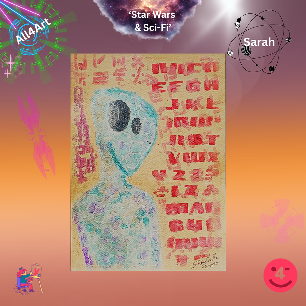 Grey fade to orange background, space theme with some neon. Picture placed centrally, alien life to the left with purple, blue and green textured skin, large black eyes, dome shaped head, flat at the back, triangular jaw. Background sandy light brown with red and pink vertical lettering.