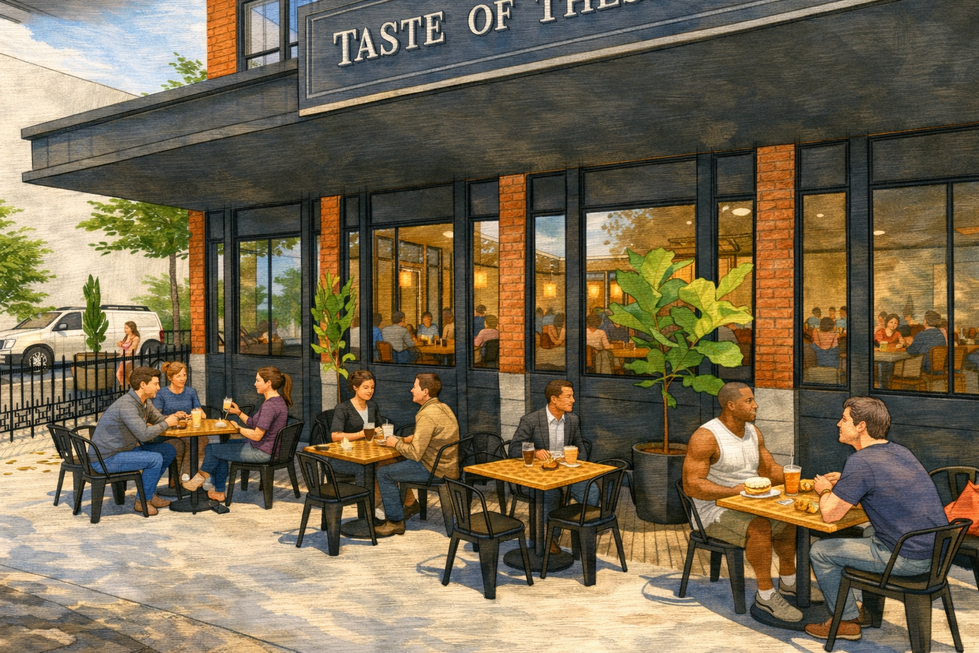 The design prioritizes pedestrian comfort and urban life. Tree-lined sidewalks, outdoor dining areas, and generous setbacks create layered public spaces that support lingering and interaction. Vehicular movement is present but calm, with on-street parking and slow traffic reinforcing a people-oriented street character rather than dominating it.