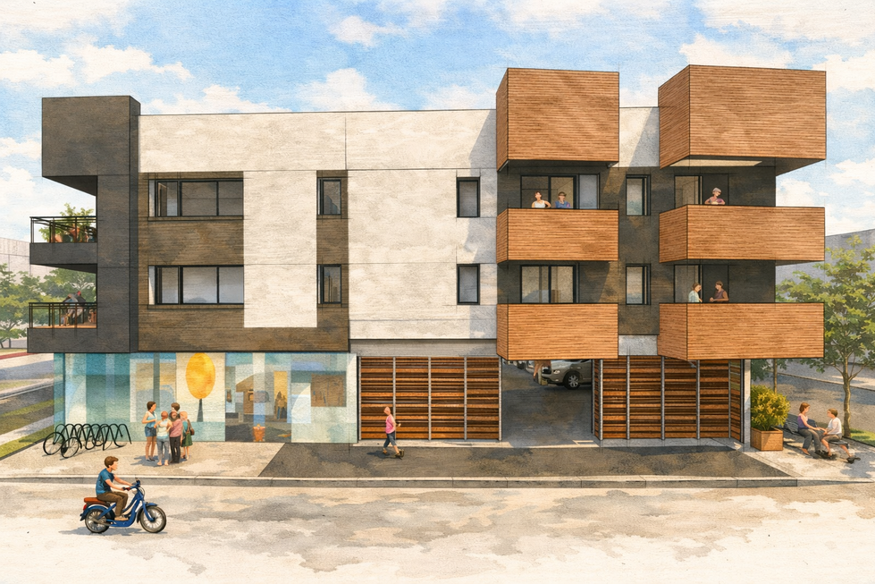 The façade expresses a clear layering between public and private uses. The transparent ground floor activates the street and invites interaction, while the upper residential levels are defined by solid volumes and projecting balconies. The contrast between light masonry, dark accents, and warm wood creates visual depth, and the recessed parking zone maintains continuity along the street while preserving openness and rhythm.