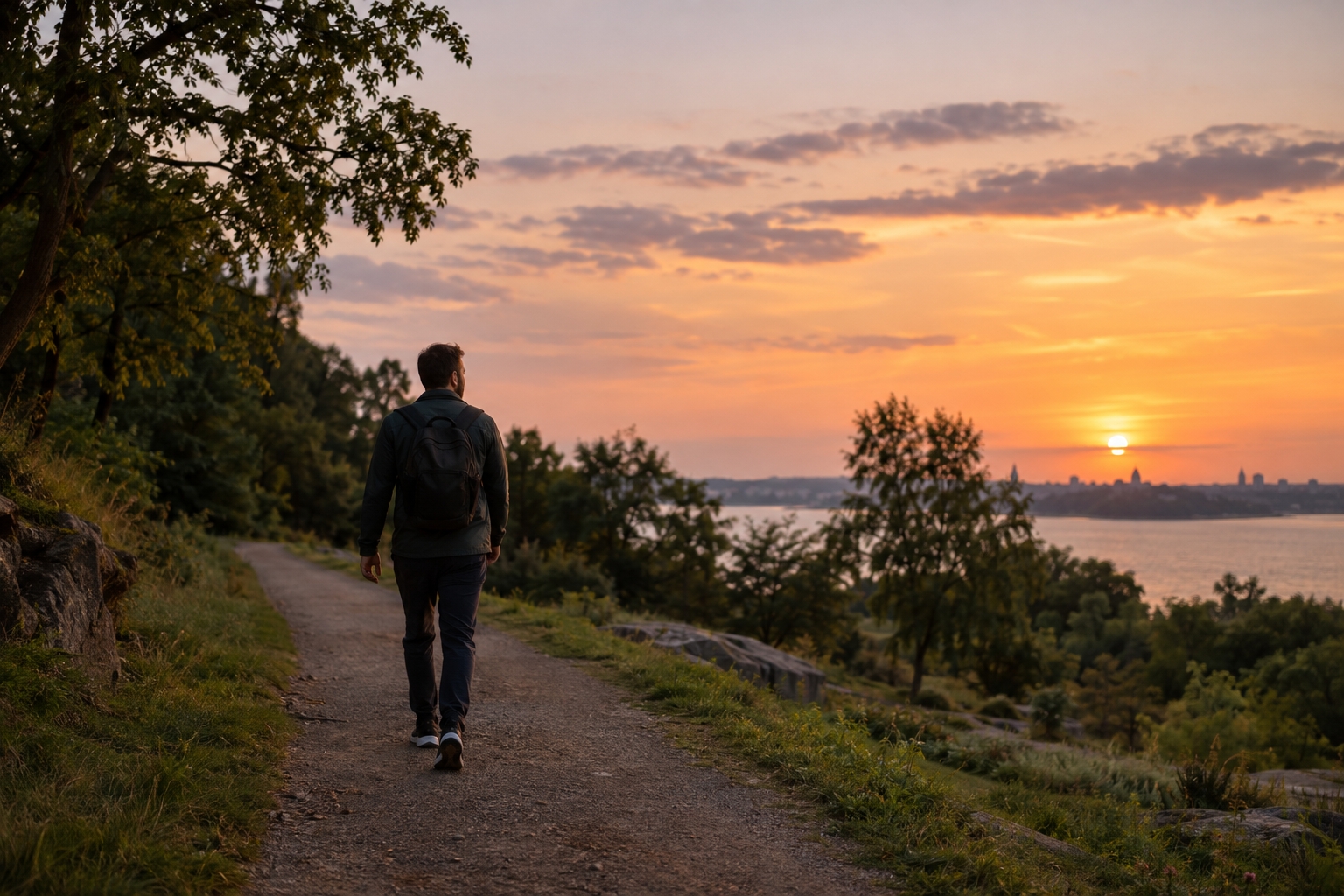 A person walking a quiet trail at dusk