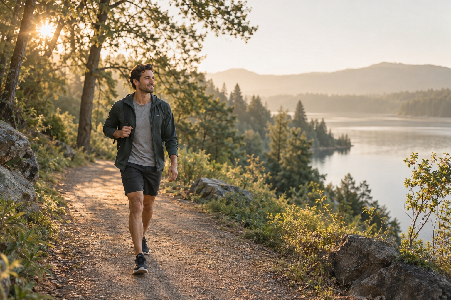 A calm trail at sunrise by the water