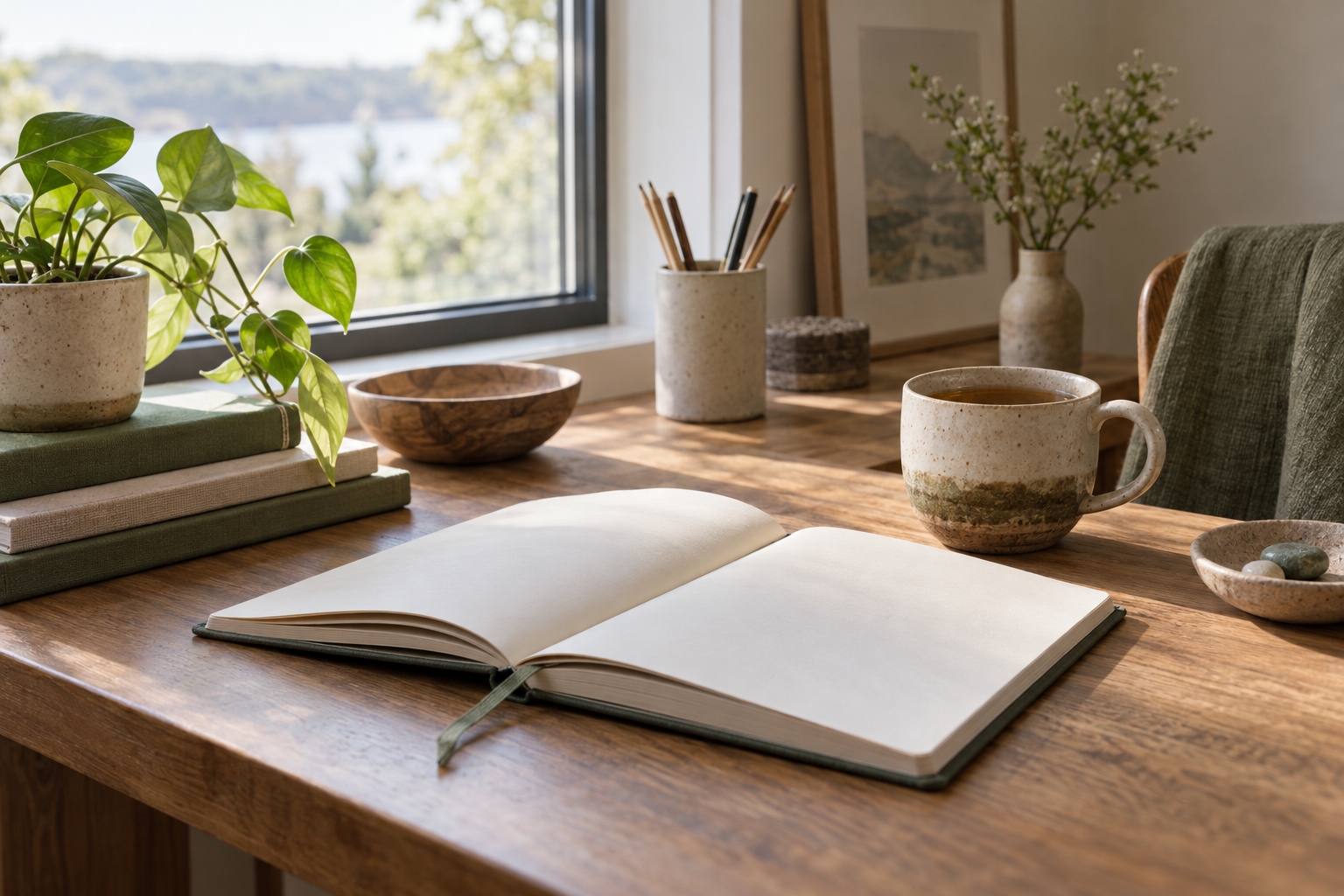 A quiet desk with a journal and tea