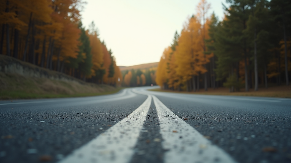 Eye-level view of a curved road with clear lane markings