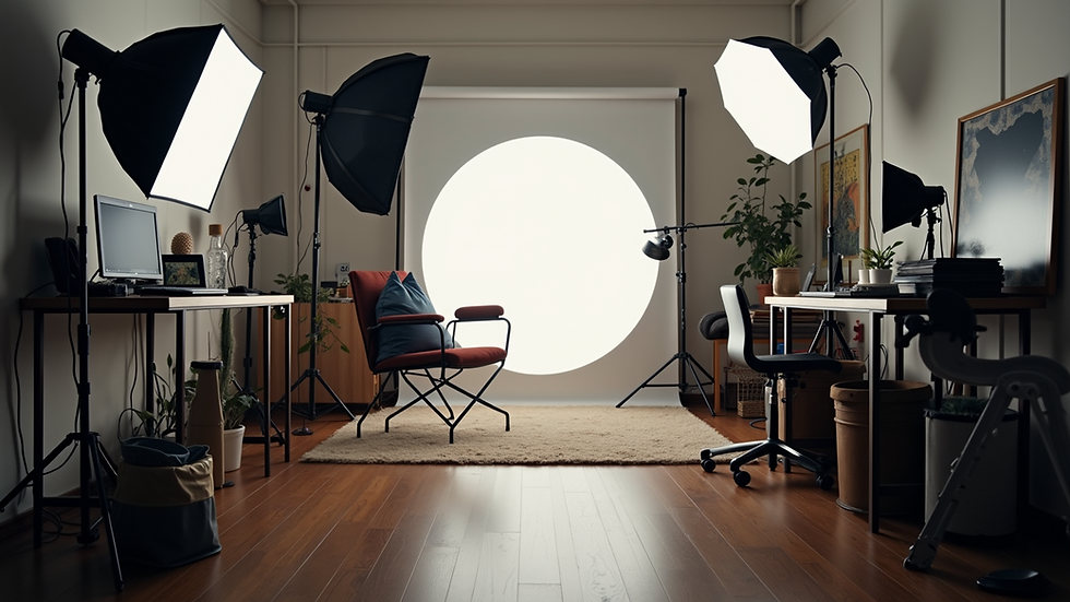 Eye-level view of a well-organized photography studio with essential equipment
