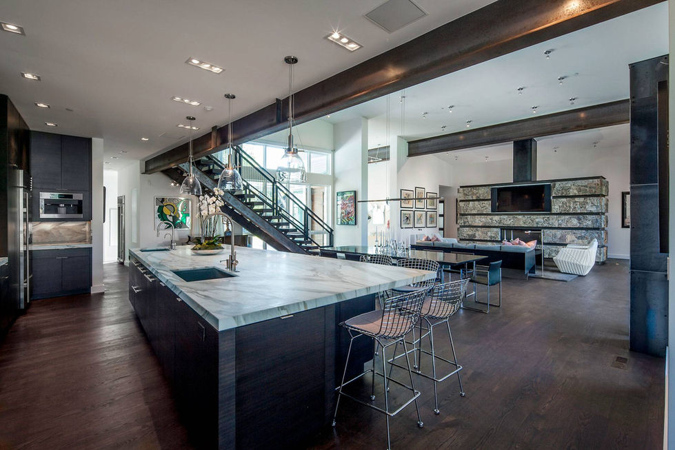 Modern kitchen island, open floor plan, luxury home