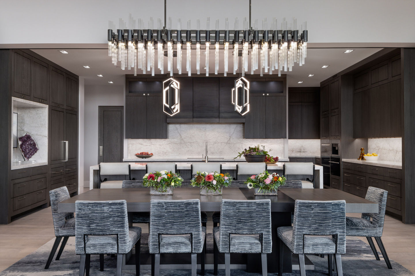 Modern kitchen design with large dining table