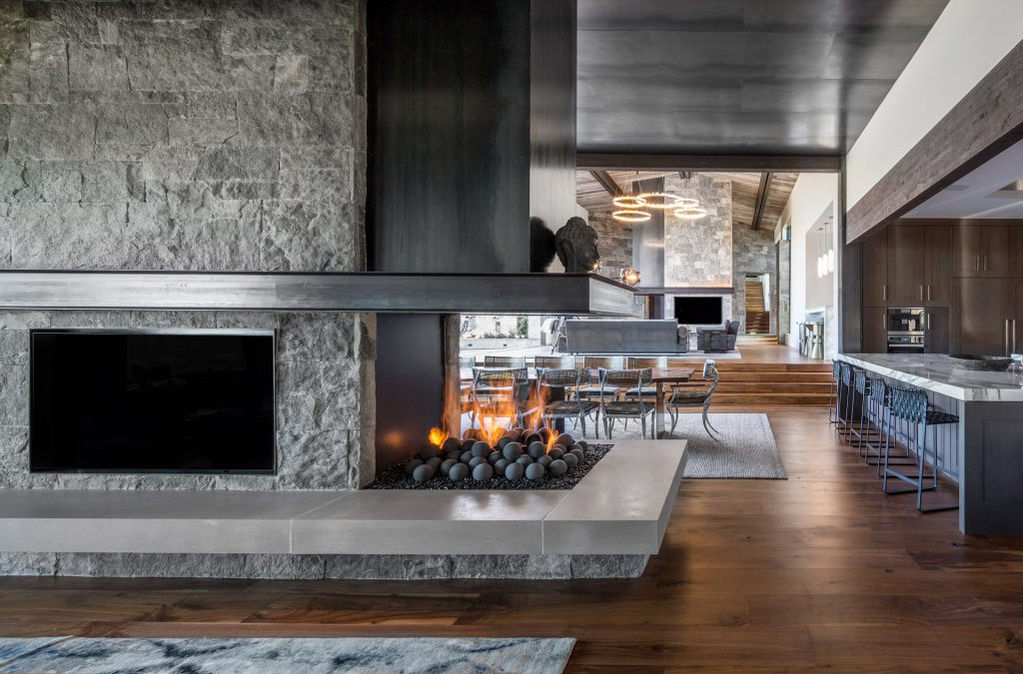 Modern fireplace with stone and metal accents