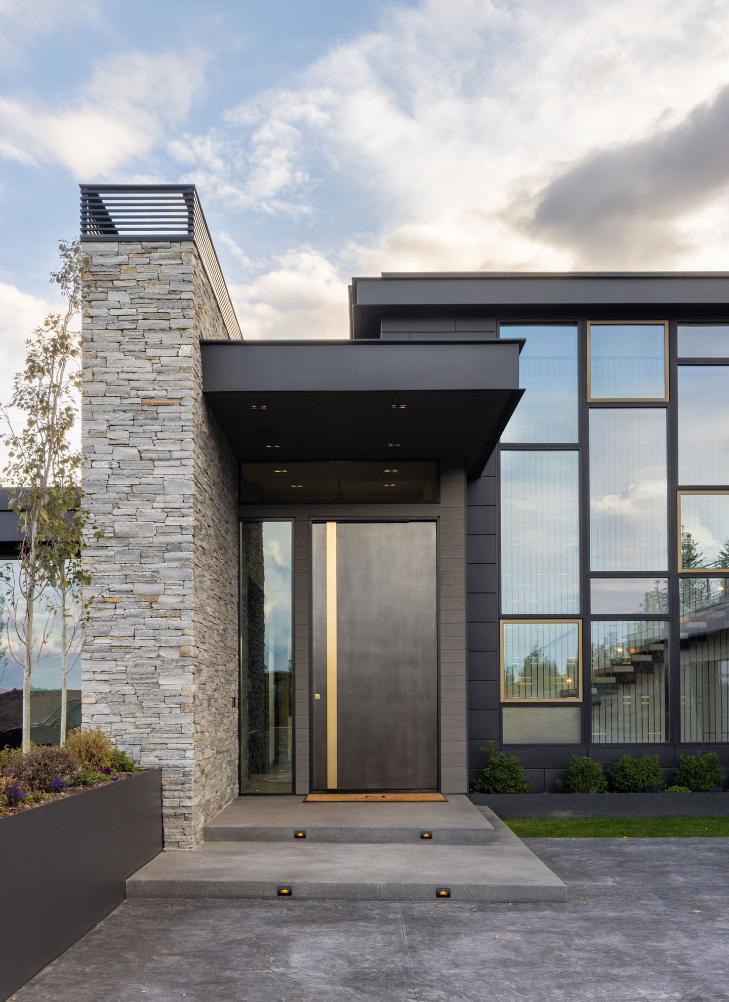 Modern home exterior with sleek gray door