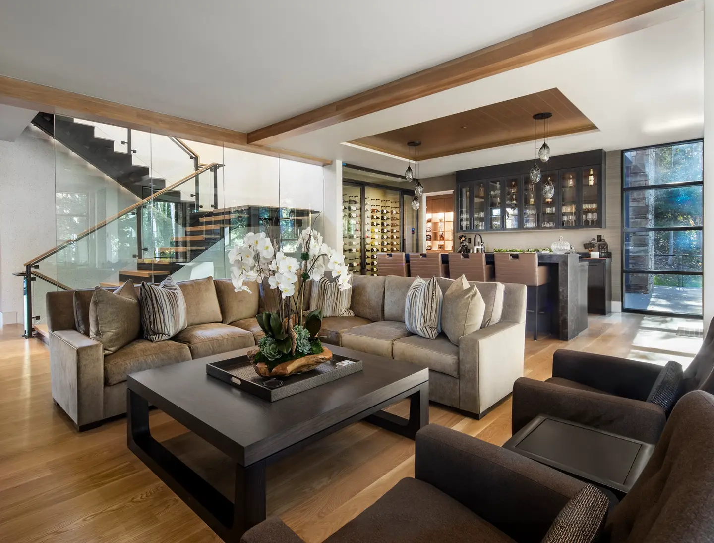Modern living room with wine bar