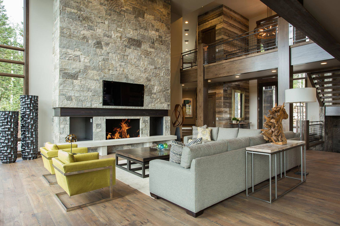 Modern living room with stone fireplace