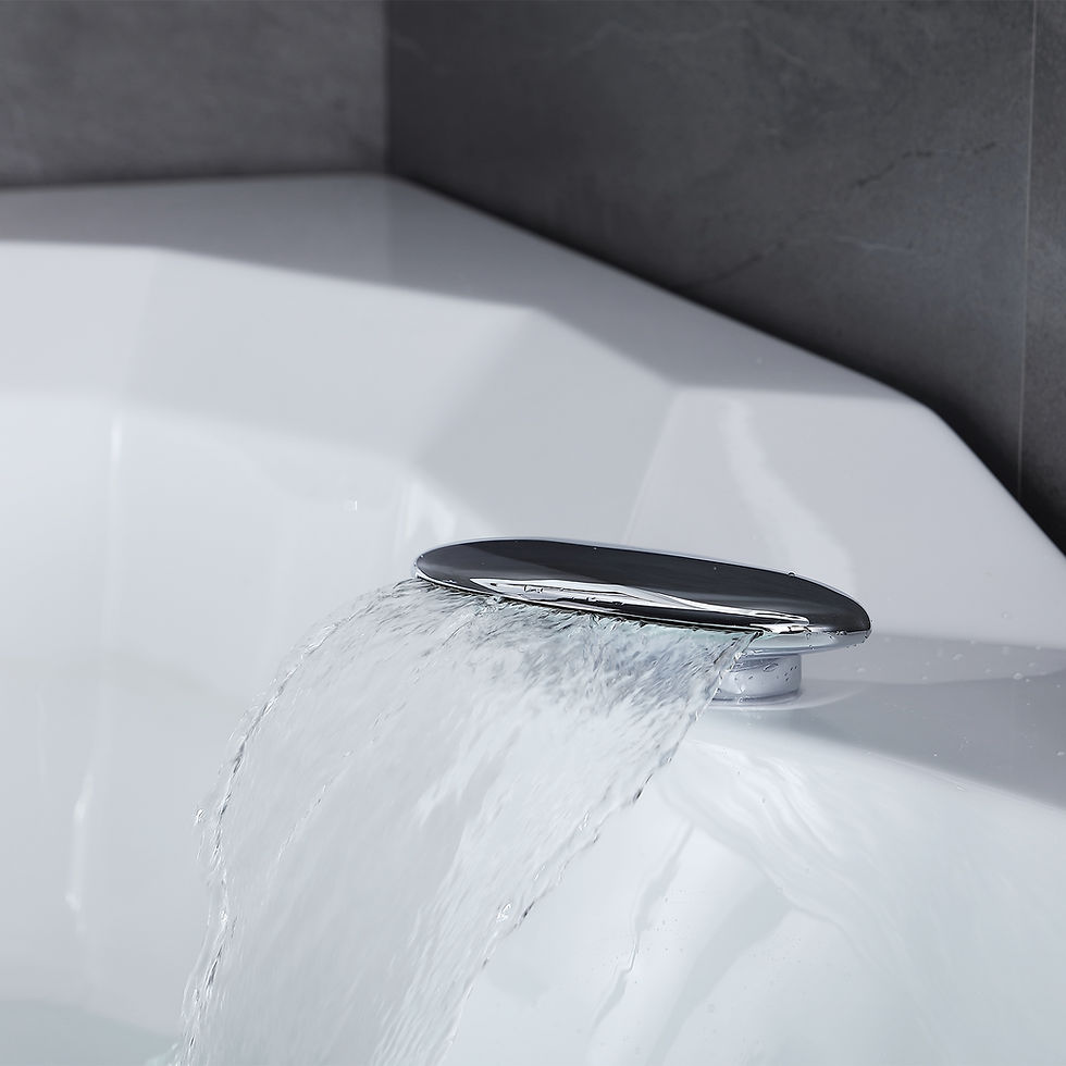 Thumbnail: Close-up of Whirlwell corner bathtub chrome waterfall spout filling tub with water