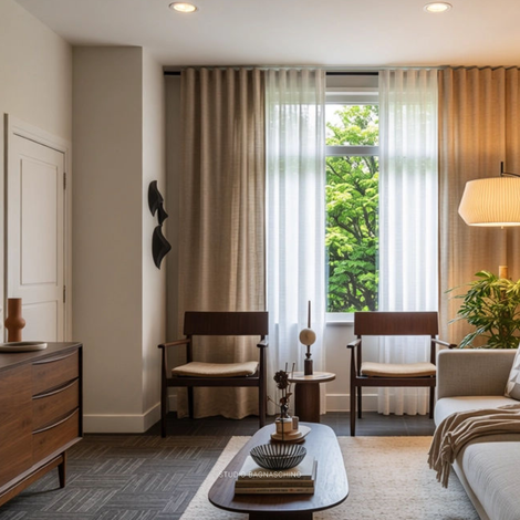 Living room with earthy neutrals, layered with soft textures, organic shapes, and subtle metallic details. Accents of burnt orange and black . Cozy atmosphere for gatherings, family moments, and relax.