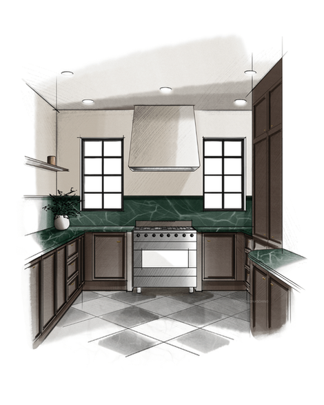 Hand-drawn digital interior sketch of a moody kitchen with verde alpi marble